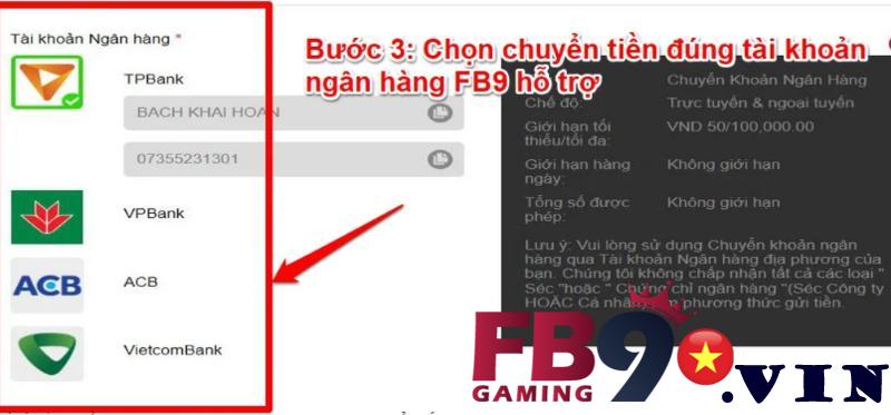 Nạp tiền FB9 bằng chuyển khoản ngân hàng